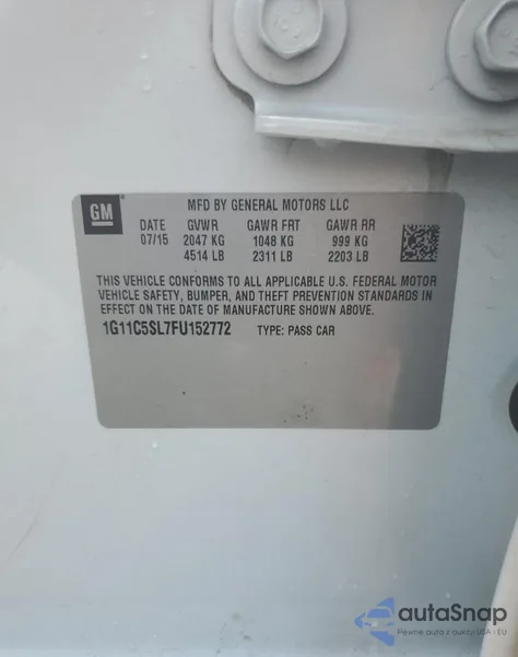 2015 Chevrolet Malibu 1Lt from USA, damaged, VIN 1G11C5SL7FU152772